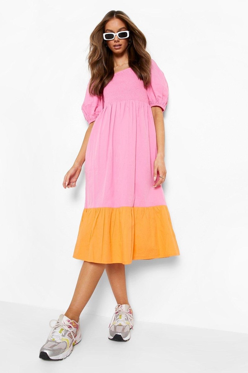 COTTON COLOUR BLOCK SHIRRED MIDI DRESS - PINK | Dresses