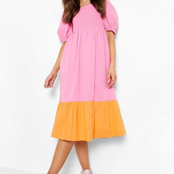 COTTON COLOUR BLOCK SHIRRED MIDI DRESS - PINK | Dresses