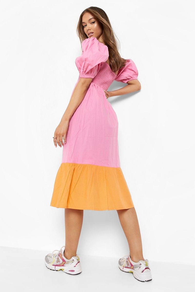 COTTON COLOUR BLOCK SHIRRED MIDI DRESS - PINK | Dresses