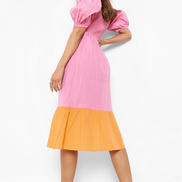 COTTON COLOUR BLOCK SHIRRED MIDI DRESS - PINK | Dresses