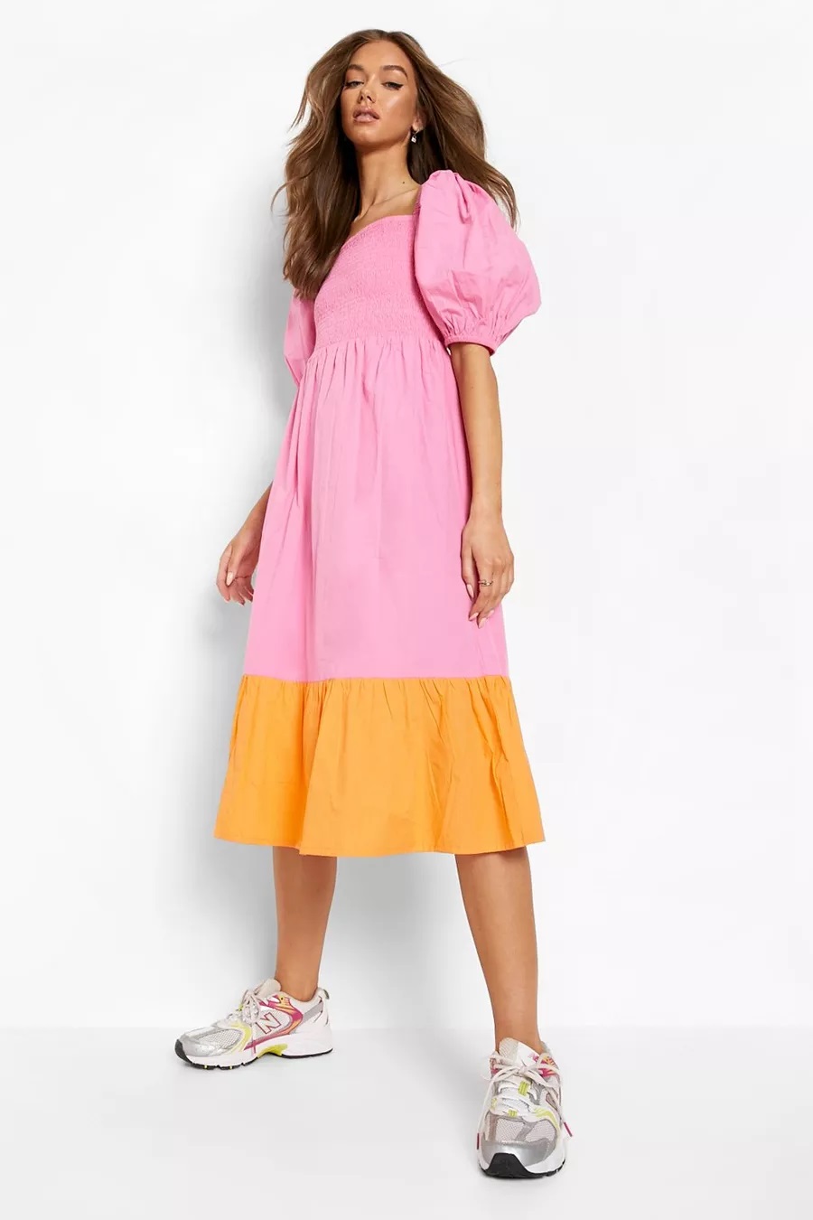 COTTON COLOUR BLOCK SHIRRED MIDI DRESS - PINK|Dresses