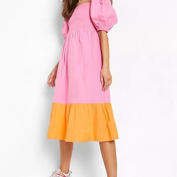 COTTON COLOUR BLOCK SHIRRED MIDI DRESS - PINK | Dresses